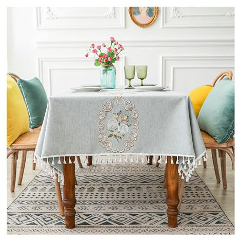 Gualiy Tischdecke Esstisch, Tischdecke 110x110CM Polyester Tischtuch Abwaschbar Stickerei Blume mit Quasten Tischdecke für Außenbereich, Blau