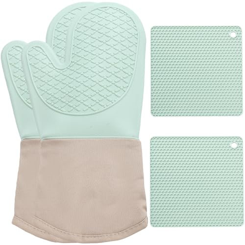 Win Change Lot de 4 gants de cuisine et maniques pour barbecue, gants de four et maniques avec remplissage en silicone recyclé antidérapant pour la cuisine, la pâtisserie, les grillades (vert silicone