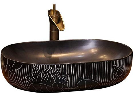 Keramik-Waschbecken, Naturstein, oval, Einbau-Badezimmer, schwarzer Lotus, Retro-Kunst, Aufsatzwaschbecken, ovales Keramik-Waschbecken, chinesisch