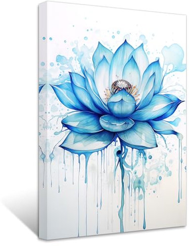 ZXHYWYM Zen Leinwandbilder abstrakte Lotusblumen Bilddrucke blaue Seerose Spa Gemälde Aquarell Kunstwerk für Badezimmer Raumdekoration Gerahmt (Bild-1, (40.00 x 60.00 cms))