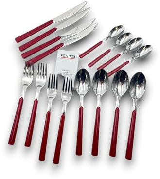 Eme Posaterie Set di 16 Posate Linea Fast Colore Rosso, Acciaio inox, Con Manico a Linea, Elegante Set di Posate con Coltello, Forchetta, Cucchiaio per casa, ristorante lavabile in lavastoviglie