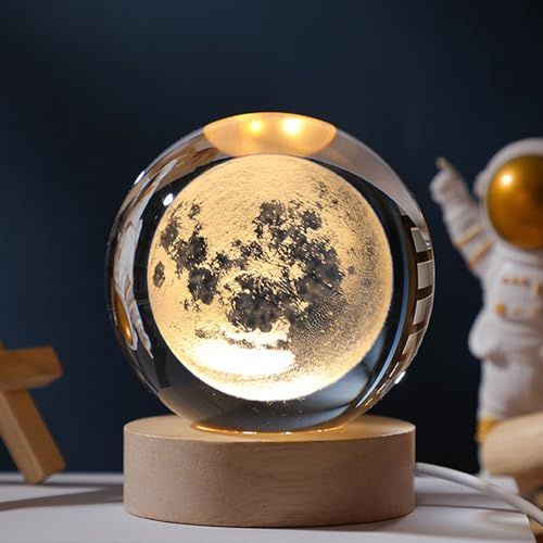 Sunwuun 3D Kristallkugel Nachtlicht,USB 3D Mond Planeten Sonnensystem Universum Lampe,Glaskugel Lampe mit Holzsockel,Weihnachten Geburtstag Valentinstag Astronomie Geschenke LED Ball Lamp e