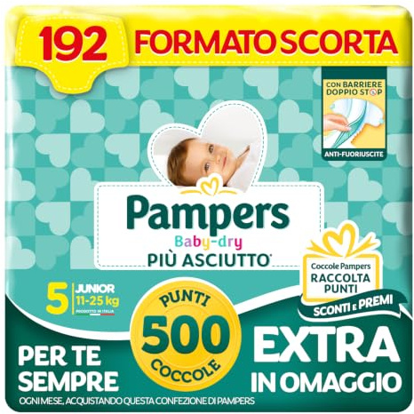 Pampers Baby Dry Junior, Taglia 5 (11-25 kg), 192 Pannolini Bambino