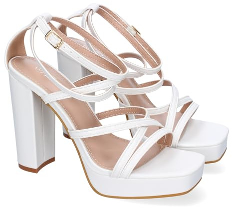 shoes&blues.es 91332 Sandalias de Tacon para Mujer, Elegantes, Diseno Moderno con Tiras Cruzadas con Cierre de Hebilla, Ideales para Primavera-Verano. Blanco Talla 38
