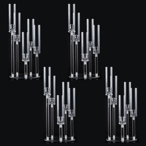 4PCS 5 Arm Acrylic Candelabra for Table Wedding Centerpiece,Crystal Clear Candle Stick Holders Candelabra Centerpiece Stands with Removable Lampshade for Party Easter Baby Shower Fit 0.8 LED Candle