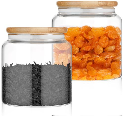 Vorratsgläser mit Deckel, 2 Stück 500ML transparenten Luftdichte Glas Aufbewahrungsgläser Vorratsdosen, Runden Vorratsbehälter mit Holzdeckel, Aufbewahrungsbox Küche für alle Lebensmitte Pasta