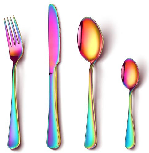 Rainbow Cutlery Set, NINIROR 16 Piece Food-Grade Stainless Steel Flatware Silverware Set for 4 People Include Spoon Knife and Fork Sets Mirror Polished Dishwasher Safe for Home Kitchen Restaurant