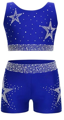 Hedmy Conjunto Deportivo Top y Pantalón Niña Traje de Gimnasia Rítmica con Pedrería Brillante Traje de Danza Ballet Disfraz de Equilibrista Azul 9-10 años