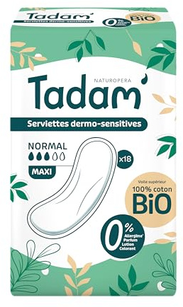TADAM’ - 18 Serviettes Hygiéniques Dermo-Sensitives - Maxi Flux Normal | Protections Hygiéniques Femme avec Ailettes - Extra Absorbantes - A base de Coton Bio - Confort Jour et Nuit