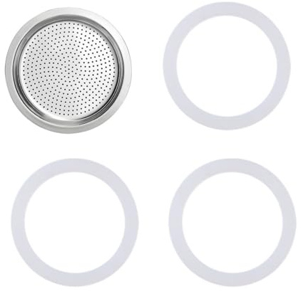 Gasket for 6 Cup Espresso Maker Includes 1 Filter and 3 Silicone Moka Pot Gasket Seals Replacement Food Grade Seal Silicone for Stainless Steel Moka Pot and Stovetop Espresso Coffee Maker