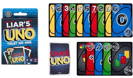 Mattel Games UNO Liar jeu de cartes, 7+, 2-10 joueurs | Jeu de cartes de bluff et ruse pour enfants, ados et famille, déjouez vos adversaires, JLH43