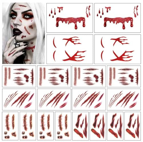 Halloween Gruselige Narben Aufkleber Set - 20 realistische Falsche-Wunde-Tattoos für Erwachsene & Kinder | 3D-Effekt | Wasserabweisend | Einfach anzubringen & zu entfernen