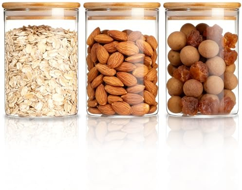 MEETOZ 750ml Set of 3 Glass Jars with Bamboo Lids,High Borosilicate Glass Transparent Airtight Food Storage Tank,Large Capacity Kitchen Food Containers for Spices,Coffee Beans,Oatmeal