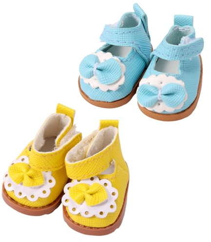 2 Paar Mini Puppenschuhe, Süße Spielzeugschuhe aus Leder mit Schleifen Modisches Zartes Spielzeug Outfit Zubehör für 17 cm Große Puppen (Blau, Gelb)