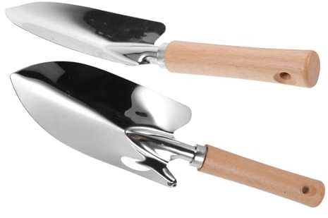 NUOBESTY 2 pièces Pelle de Jardin Inoxydable avec Manche Bois Outil Solide pour Creuser Désherber et Transplanter Accessoire Jardinage Main pour Terre Bonsaï et Plantations