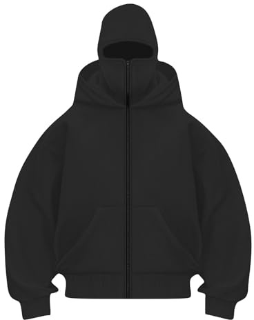 Battnot Balaclava Zip Hoodie Herren Damen Ninja Kapuzenpullover mit Sturmhaube Oversized Mask Sturmhaube Jacke mit Doppel Kapuze Y2K Hoodie mit Fleece Winddichte Übergangsjacke Motor Fahrrad