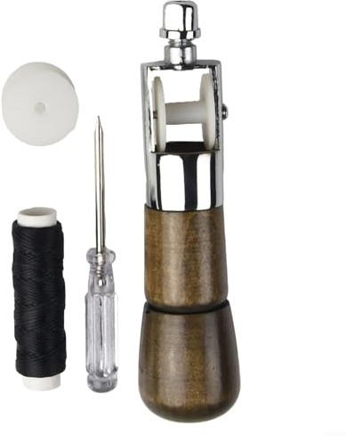 Set completo di punteruolo da cucito per cucire pelle e tela, include punteruolo, aghi e filo nero per un facile utilizzo