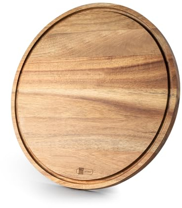 Großes rundes Akazienholz Schneidebrett mit Saftrille | 40 cm Servierplatte aus Holz für Küche, Fleisch, Brot, Gemüse | JF JAMES.F – 2-in-1 Küchenzubehör