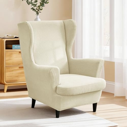 2-Teilig Ohrensessel Überzug, Ohrensessel Bezug mit Elastischem Band, Einfarbig Jacquard Verdicken Stretch Schonbezüge, Strandmon Tiger Bezug mit Armlehne Hohe Rückenlehne (Beige, Stuhlbezug)