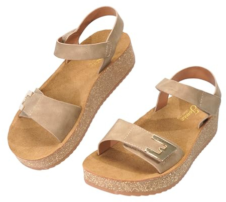 JOMIX Sandali Donna con Zeppa in Sughero, Chiusura a Strappo e Fascia Posteriore, Scarpe Estivi Comodi per la Spiaggia e il Tempo Libero WWS260453 (Khaki, 39)