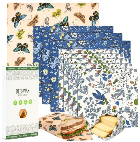 9 Stück Bienenwachstücher für Lebensmittel Wiederverwendbar, Naturwachs und Bio-Baumwolle Wachspapier für Lebensmittel Großes Wachspapier für Brot Käse Obst Aufbewahren, 5x Klein 3x Mittel 1x Groß