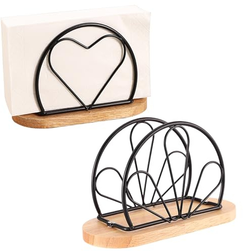 2 Stück Serviettenhalter Schwarz, Moderner Serviettenständer Metall Herzförmiger Napkin Holder Servietten Halterung mit Holzsockel für Küche Wohnzimmer Büro Cafés (Schwarz)