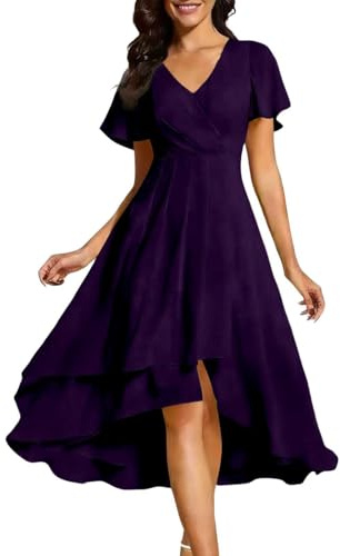 Vokuhila - Abito estivo da donna, elegante, per ospiti di matrimonio, in chiffon, leggero, midi, per feste, taglio svasato, O viola scuro, S