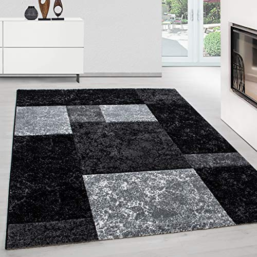 Teppium Moderner Kurzflor Teppich Wohnzimmer 200x300 (200 x 290 cm) Schwarz - Konturenschnitt Teppich Waschbar, Kariertes, Pflegeleicht, Weich - Ideal für Schlafzimmer, Esszimer und als Küchenteppich