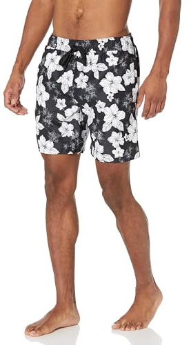 Amazon Essentials Herren Badehose mit Netzfutter, Taschen und Kordelzugverschluss, Schwarz Hibiskusblume, M