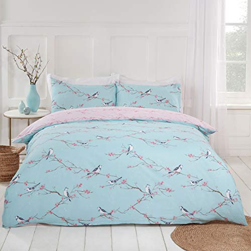 Dreamscene Blossom Bird Reversible Floral Quilt Duvet Cover with Pillowcase Bedding Set, Duck Egg Blush - 2 pieces, Single