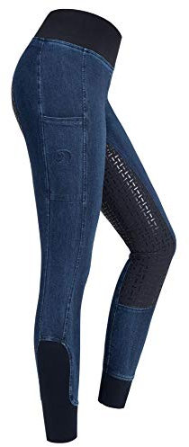 RIDERS CHOICE RidersDeal - Leggings da Equitazione in Denim da Donna con Finiture in Silicone e Tasca per Cellulare, Collezione RidersDeal