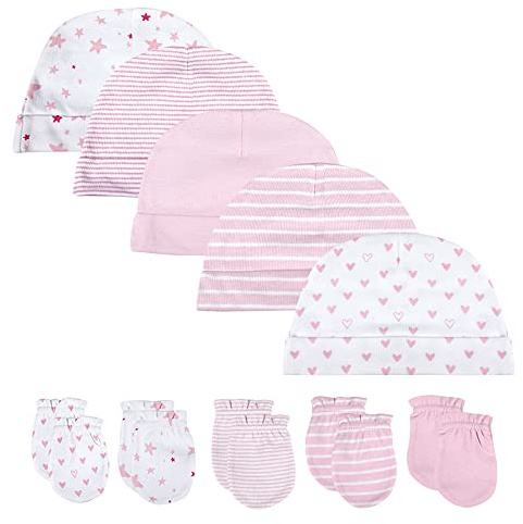 Lot de 5 bonnets en coton pour nouveau-né et 5 paires de gants anti-rayures pour bébé 0-6 mois avec noir, gris, rose ou bleu - Rose - Taille Unique
