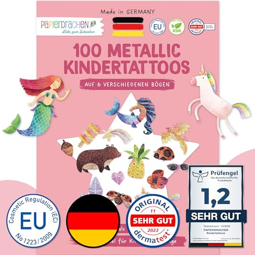 Papierdrachen 100 Metallic-Tattoos für Kinder - Hautfreundliche Kindertattoos Beach Vibes - als Geburtstagsmitgebsel & Geschenkidee - für Jungen und Mädchen - in Deutschland hergestellt