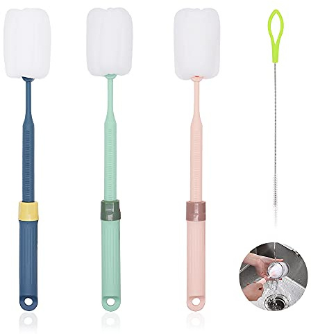3PCS Bottle Brush, Comfortable Grip Bottle Cleaner with Straw Cleaner, Adjustable Handle Sponge Bottle Cleaning Brush for Water Baby Beer Bottle Cup (3 Colors)