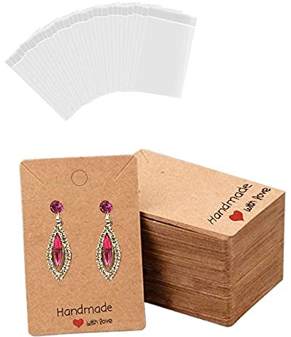 200 PCS Earring Display Cards Kraft Earring Cards Handmade with Love Display Cards Jewellery Packaging Card Brown Earring Tags for Diy Jewelry(100 Earring Holder Cards,100 Self Sealing Clear Bags)