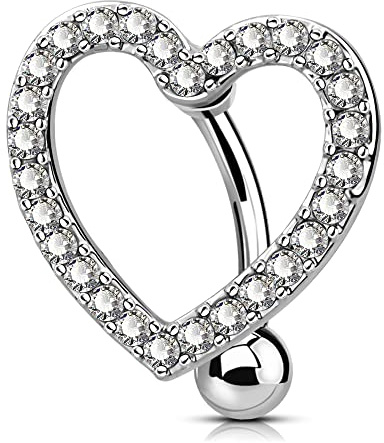 OUFER 14G Reverse Bauchnabelpiercing Chirurgenstahl Herz 12 mm 14 mm 16 mm Stablänge Lang Piercing Bauchnabel Bananabells CZ Nabelpiercing Silber Belly Button Piercing Bar Navel Ring