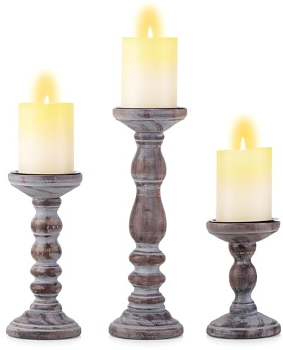 Inweder Kerzenhalter aus Holz: Vintage Braunes Stumpenkerzenhalter Set | 10/15/20cm, für 8cm Stumpenkerzen, Midcentury Look, Landhausstil Kerzenständer für Weihnachten, Tischdeko, Wohnzimmer, Kamin