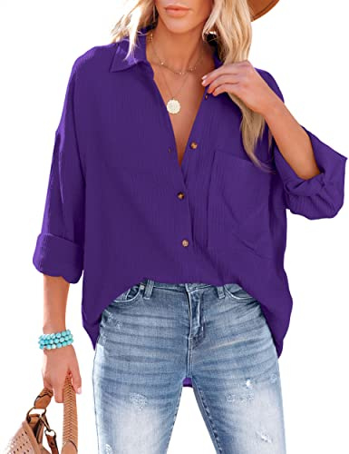 NONSAR Damblus, ledig skjorta med V-ringning, 100 % bomull, lös passform, solid, tjock topp, elegant med ficka, violett, XL