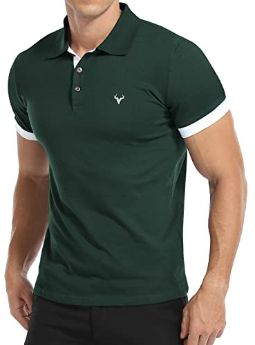 KUYIGO Kortärmad polotröja för män hjorthuvud broderi golf tennis bomull t-shirt S-XXL, E-kort mörkgrön, S