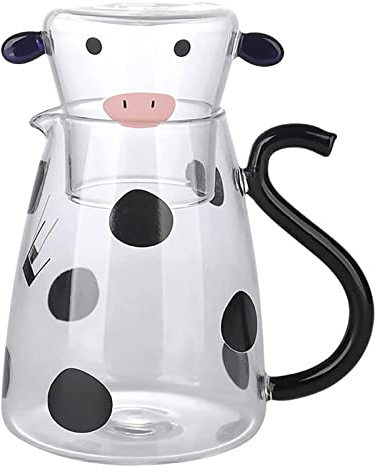 Bavokon Kuh Glaskrug, Kuhbett Wasserkaraffe 550/1800 Ml, Cartoon Glas Wasserkrug Mit Glasbecher, Kuh-Glas-Wasserflasche, Karaffen Krug, Kuh-Krug, Glaskaraffe, niedliche Kuh-Glas-Teekrug