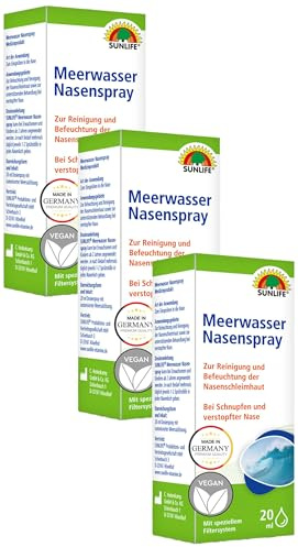 SUNLIFE Meerwasser Nasenspray 20 ml - Nasenspülung mit Meersalz - Nasenspray gegen Schnupfen - Spray zur Reinigung & Befeuchtung der Nasenschleimhaut - Isotonische Meersalzlösung (Packung mit 3)