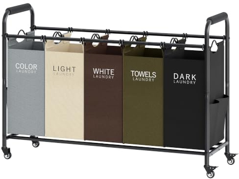 Tajsoon 5 Bag Laundry Sorter Cart, Laundry Hamper Sorter Basket with Heavy Duty Lockable Rolling Wheels for Clothes Storage, 5 Colors