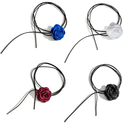 4 elegante Rosen Choker-Ketten für Frauen und Mädchen - lange Riemen mit schwarzer Persönlichkeit für Hochzeit, Geburtstag, Party (Schwarz, Rot, Blau, Weiß)