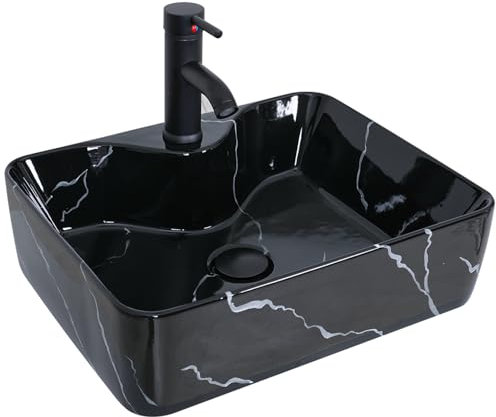 YU YUSING Lavabo Sobre Encimera con Grifo, Lavabo Baño de Cerámica 48x38x13.5 cm, Lavabos de Lujo para Baño, Cocina, Aseo de Invitados, Tocador, Moderno Negro, Rectangular