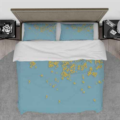 DINGSION Blaues Bettwäsche-Set 3-teilige goldene und gelbe Ginkgoblätter Fallen überall in den Himmel Schlafzimmer-Bettwäsche-Set mit 2 Kissen-Shams-Reißverschluss 240 x 220 cm