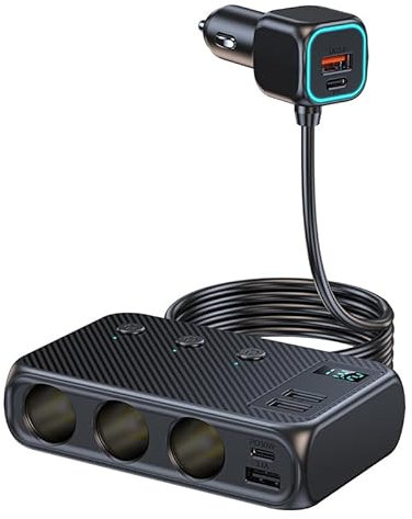Winnes Zigarettenanzünder USB C, 171W Auto Ladegerät, Zigarettenanzünder verteiler mit 4 USB Anschlüssen, USB Auto Adapter PD 20W & QC 3.0 mit 70cm Verlängerungskabel für Alle Handys GPS Autokamera