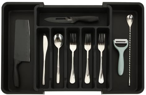 ASelected Cutlery Drawer Organiser Expandable Kitchen Utensil Tray Adjustable Silverware And Cutlery Holder 5 or 8 Compartments Storage Spoons Forks Knives Black