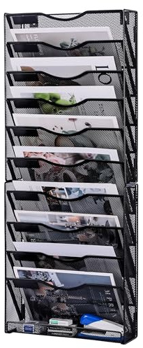 Solinxe Porte Documents Mural 10 Étages en Métal - Organisateur de Bureau Porte Revues avec Support A4 pour Papiers, Courrier, Fichiers - Bannette de Rangement, Noir (Bureau, École, Maison)