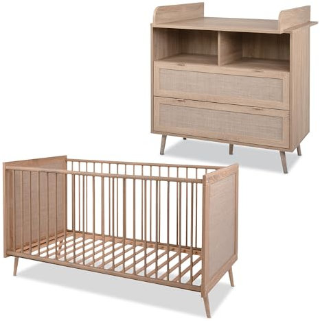 KHG Kinderzimmer-Möbelset hell-braun modern Eiche-Optik, Wickelkommode mit 2 Schubladen Kinderbett 70 x 140 cm aus Holzwerkstoff Rattan-Optik, Gestell aus Massivholz