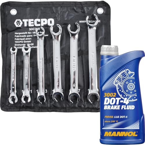 TECPO Bremsleitung Schlüssel 8-19mm Ringschlüssel Satz + Bremsflüssigkeit DOT4, 1 Liter